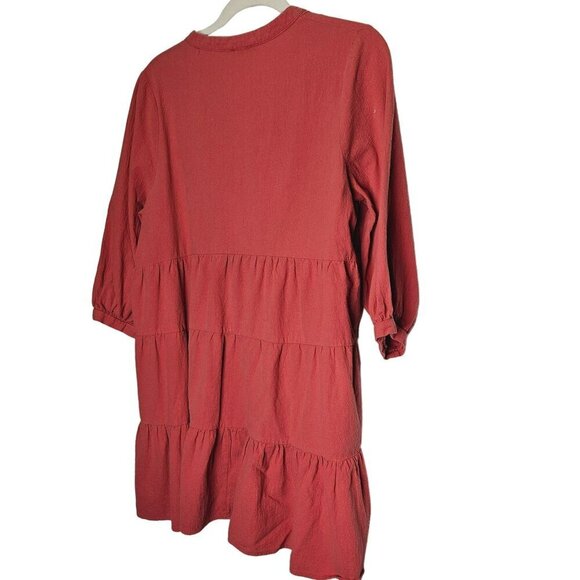 Umgee Coral Tiered Boho Dress With White Floral Embroidery Long Sleeves cotton L - Picture 2 of 9